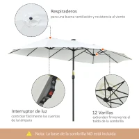 Outsunny Sombrilla Doble con 48 Luces LED 4,5x2,65 m Manivela Protección Solar para Terraza Jardín Piscina Crema(m-5)