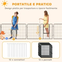 PawHut Recinto per Cani a 12 Pannelli Modulabili da 80x100 cm, Pieghevole con Porta in Acciaio e 12 Picchetti, Grigio(m-5)