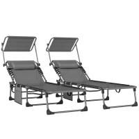 Outsunny Set de 2 Tumbonas Plegables con Reposacabezas Parasol Bolsillo Lateral y Respaldo Reclinable en 5 Posiciones Gris(m-1)