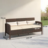 Outsunny Rattan Sofa mit Kissen, Dreisitzer, Garten Loungesofa, Stahl, Braun, 173 x 68 x 78 cm(m-3)