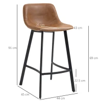 HOMCOM Bar Stools Set of 2 - Industrial Kitchen Stool, Upholstered Bar Chairs with Back, Steel Legs, Brown(m-3)