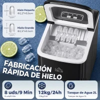 HOMCOM Máquina de Hacer Hielo Autolimpieza 12 kg/24h 9 Cubitos de Hielo en 8 Minutos 2 Tamaños de Cubitos Negro(m-4)