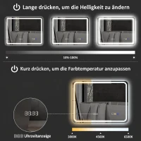 HOMCOM Lustro łazienkowe z podświetleniem LED, mata przeciwmgielna, 3 regulowane kolory, zegar, 600 x 800 mm, kolor srebrny(m-6)