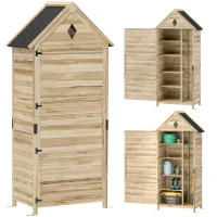 Outsunny Gartenschuppen mit 4 Regalen, Lagerschuppen aus Holz, wasserdichtes Asphalt-Dach, 80 x 49 x 170 cm, Hellbraun(m-12)