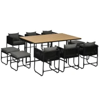 Outsunny 10 Seater Rattan Cube Garden Furniture Set, Rattan Dining Set with Cushions, Outdoor Dining Table and Chairs with 6 Armchairs, 4 Stools, Rectangular Wood Grain Plastic Top Table, Black(m-1)