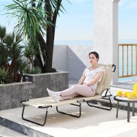 Outsunny Outdoor Foldable Sun Lounger, 4 Level Adjustable Backrest Reclining Sun Lounger Chair with Pillow and Reading Hole, Beige(m-10)