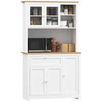 HOMCOM Küchenschrank im Landhausstil, 1 Vitrine, 1 offenes Regal, 1 Schublade, 2 Schränke, Natur + Weiß(m-12)