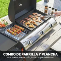 Outsunny Barbacoa de Gas BBQ Gas con 3 Quemadores 7,5 kW con Parrilla Plancha Estante Lateral Convertible Termómetro Negro(m-4)