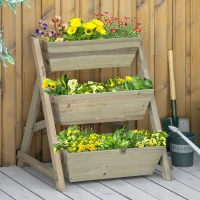 Outsunny Jardinera de Escalera de 3 Niveles Maceteros de Madera Jardinera Vertical con Tela no Tejida y Orificios de Drenaje Huerto Urbano para Plantas Macetas Flores Jardín 71x61x77 cm Natural(m-10)