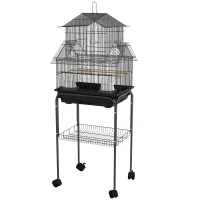 PawHut Cage à oiseaux design maison mangeoires perchoirs 3 portes plateau excrément amovible + poignée transport noir(m-12)