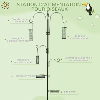 PawHut Station d'alimentation pour oiseaux en acier, mangeoir à oiseaux sur pied 208H cm avec 4 crochets, noir(m-4)