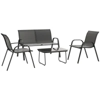 Outsunny Set da Giardino con Divano 2 Posti, 2 Poltrone Impilabili e Tavolino in Vetro, Nero(m-1)