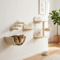 PawHut 4PCs Wall-Mounted Cat Shelves w/ Scratching Post, Hammock, Nest - Beige(m-11)
