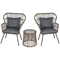 Outsunny 3 Pieces Rattan Bistro Set, Wicker Garden Furniture Set with Cushions, Glass Top Coffee Table and Chairs for Outdoor, Patio, Balcony, Grey(m-10)
