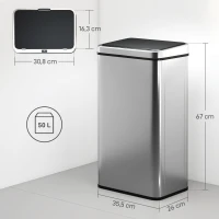 HOMCOM Poubelle à Capteur de 50L, Couvercle à Fermeture en Douceur, Poubelle de Cuisine Automatique Acier Inoxydable, Argenté(m-3)