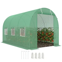 Outsunny Gewächshaus 350x200x200cm Foliengewächshaus Tomatenhaus mit Tür, 6 Fenster, Folientunnel aus verzinktem Stahl, PE, stabiles Treibhaus Pflanztunnel, inkl. Erdanker & Seilen, Grün(m-12)