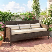 Outsunny Rattan Sofa mit Kissen, Dreisitzer, Garten Loungesofa, Stahl, Braun, 173 x 68 x 78 cm(m-9)