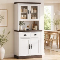 HOMCOM Dulap de bucătărie înalt cu uși din sticlă 2 sertare rafturi reglabile compartiment deschis 80x38x170 cm Alb(m-5)
