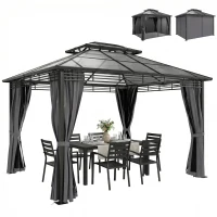Outsunny Gartenpavillon ca. 3,6x3m Aluminium Pavillon mit 6 mm Polycarbonat-Doppeldach Moskitonetz 4 Seitenteile Dunkelgrau(m-11)