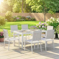 Outsunny Conjunto de Mesa y Sillas Jardín con Mesa de Plástico PSPC y 6 Sillas Apilables Transpirables para Terraza Patio Blanco(m-10)