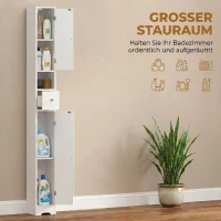 HOMCOM Badezimmerschrank schmaler Badschrank mit Schublade gewölbten Türen offenem Fach verstellbare Ablage 20x20x185 cm Weiß(m-4)