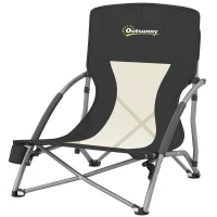 Outsunny Sedia da Spiaggia Pieghevole con Schienale a Rete e Portabicchieri, in Metallo e Tessuto Oxford, 58x55x62 cm, Nero(m-11)