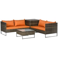 Outsunny 4 Piece Rattan Garden Furniture Set, Outdoor Corner Sofa Set with Storage Table, Loveseats, Cushions - Orange(m-1)