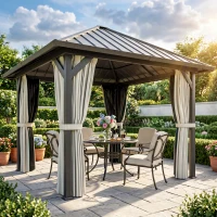 Outsunny 3 x 3(m) Hardtop Gazebo with Galvanised Steel Roof and Water Gutter, Waterproof Permanent Pavilion Garden Gazebo with Netting and Curtains for Patio, Deck, Black(m-2)