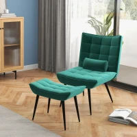 HOMCOM Accent Chair with Footstool Set, Tufted Upholstered Armless Lounge Chair with Pillow and Steel Legs for Living Room, Bedroom, Green(m-20)
