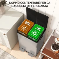 HOMCOM Pattumiera Differenziata 28L con 2 Scomparti a Chiusura Silenziosa, in Acciaio Inox e PP, 45.8x36x67.6 cm, Argento(m-7)