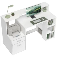 HOMCOM Bureau informatique, bureau avec rangement, 2 tiroirs, étagères ouvertes et tablette d'imprimante, 137x55x92cm, blanc(m-11)