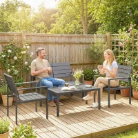 Outsunny 4 Piece Garden Furniture Set, Outdoor Sofa Set with HDPE Slatted Loveseat Armchairs Coffee Table Metal Frame, Dark Grey(m-2)