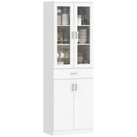 HOMCOM Buffet haut cuisine, armoire de cuisine, 4 portes dont 2 en verre, tiroirs, étagères réglables, 60x35x180cm, blanc(m-12)