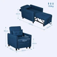 HOMCOM Fotoliu Pat Single Reclinabil pe 3 Niveluri cu Pernă și 2 Buzunare Laterale, 69x82x85cm, Albastru(m-3)