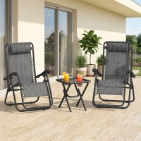 Outsunny 3pcs Folding Zero Gravity Chairs Sun Lounger Table Set w/ Cup Holders Reclining Garden Yard Pool, Light Grey(m-13)