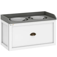 PawHut Gamelle double chien chat - porte-gamelles surélevé rangement 2 en 1 - tiroir, 2 gamelles - acier inox. MDF blanc gris(m-12)