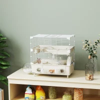 PawHut Gabbia per Criceti a 2 Livelli e 3 Porte con Ruota e Tubi, in Acciaio, PS e PP, 44.5x28x44 cm, Crema e Bianco(m-9)