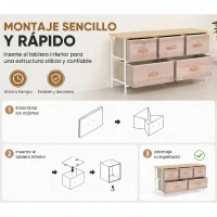 HOMCOM Cómoda con 5 Cajones de Tela Cómoda para Dormitorio Marco de Metal Cajonera para Salón Oficina Natural y Blanco(m-6)