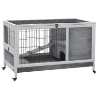 PawHut Conigliera in Legno con 4 Ruote, Casetta per Conigli e Rampa, 90x53x59cm, Grigio(m-1)