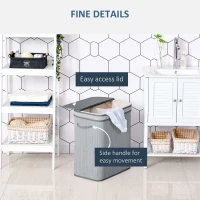 HOMCOM 100L Natural Wood Laundry Basket A Compartment w/Flip Lid Removable Lining Handles Board Base Foldable Durable Water-Resistant Dirty Clothes Storage Home Organisation Grey(m-5)