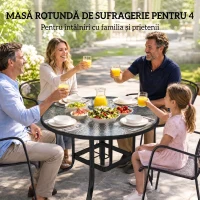 Outsunny Masă de Grădină Rotundă cu Orificiu pentru Umbrelă, din Metal și Sticlă Temperată, Ø96,5x71 cm, Neagră(m-6)
