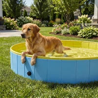 PawHut Foldable Dog Pool for Puppies and Ducks Dog Paddling Pool Bath Tub, Blue, 140 x 30cm(m-8)