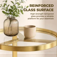 HOMCOM Round Side Table with Tempered Glass Top and Geometric Metal Frame for Small Space, Gold Tone(m-5)