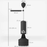 HOMCOM Boxsack Stehend mit Speedball, Reflexstange, Höhenverstellbar, für Erwachsene, 155-205cm, Schwarz(m-3)