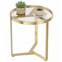 HOMCOM Round Side Table with Tempered Glass Top and Geometric Metal Frame for Small Space, Gold Tone(m-15)