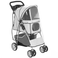 PawHut Cărucior pentru Câini Pliabil cu Husă de Ploaie, Roți Rotative și Pernă Lavabilă, Oțel și Poliester, Gri(m-1)