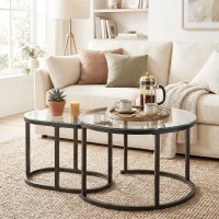 HOMCOM Nest of Tables with Steel Frame and Tempered Glass Tabletop, Modern Coffee Table Set of 2, Black(m-8)
