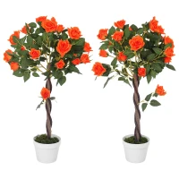 Outsunny Plantă artificială de trandafir cu 21 de flori, ghiveci umplut cu ciment și mușchi, Ø18x90 cm, portocalie(m-11)