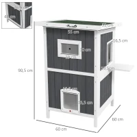 PawHut Cuccia per Gatti da Esterno in Legno a 2 Livelli con Tetto in Asfalto e 4 Porte, 60x60x90.5cm, Grigio(m-3)