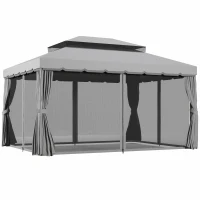 Outsunny 3 x 4m Aluminium Garden Gazebo, Marquee Canopy Shelter Pavilion Party Tent with Nets and Curtains for Garden and Deck, Light Grey(m-1)